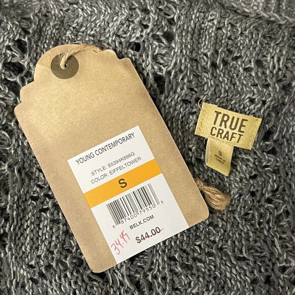 True Craft Long Crochet Open Front Duster Sweater in gray; Small - Picture 3 of 14